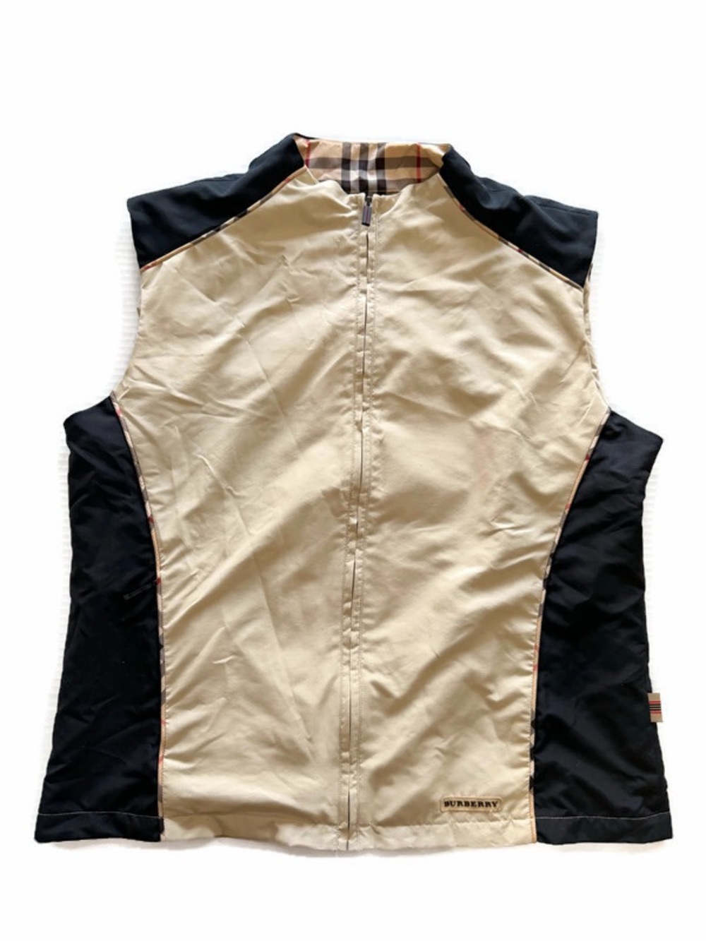 Burberry Beige and Black Lined Zip-Front Vest with Check Trim